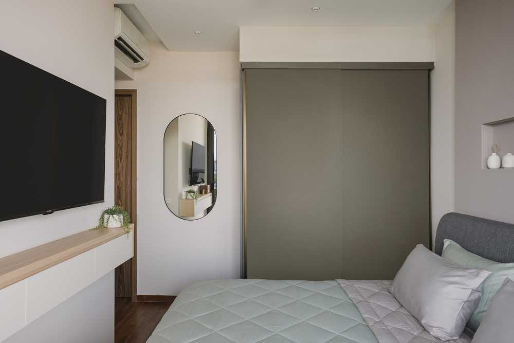 Modern Bedroom with TV Console and Mirror