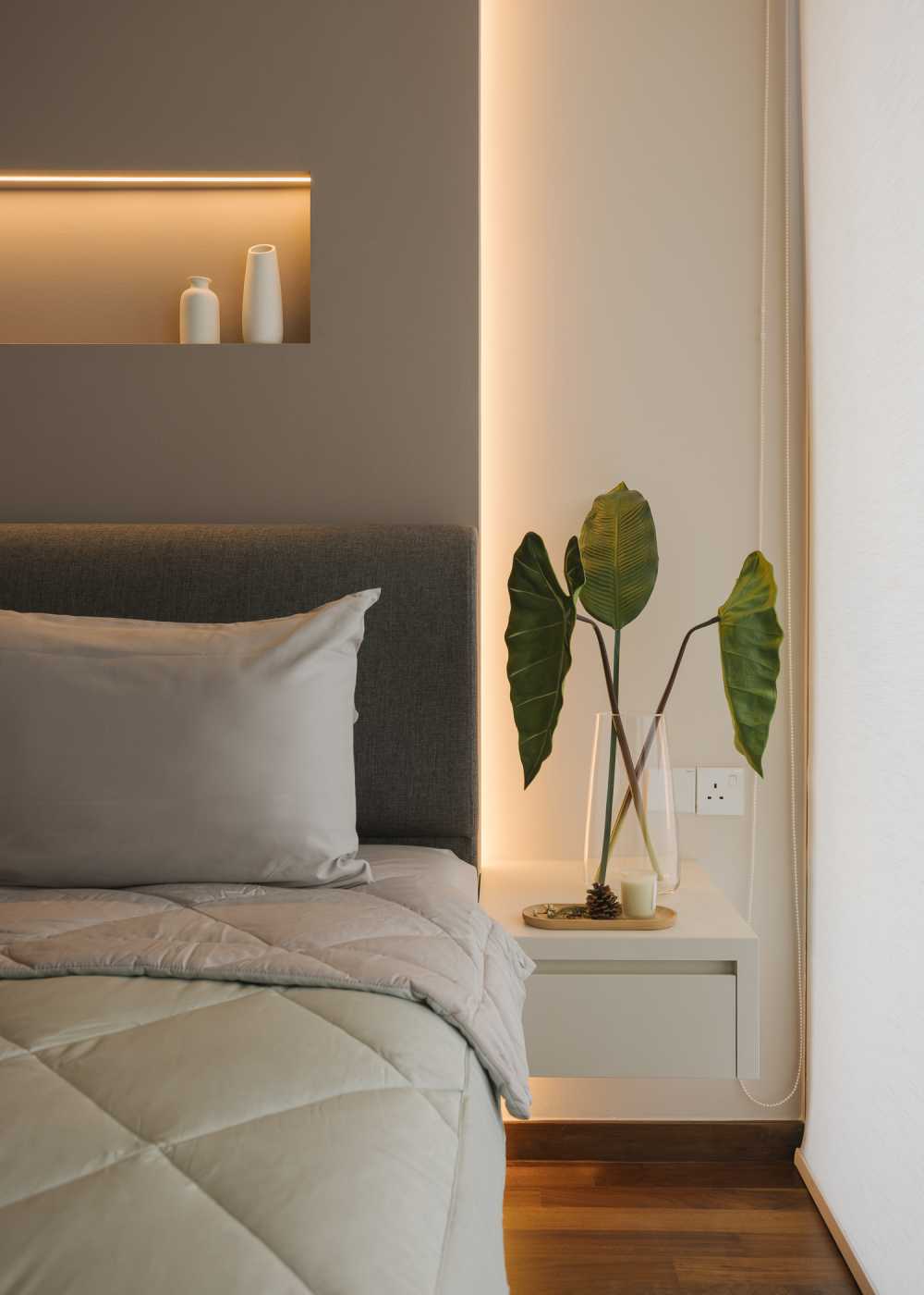 Modern Bedroom with Parquet Floor and Roller Blinds