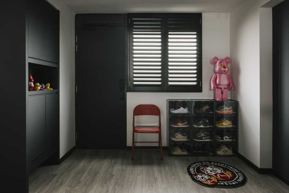 Modern Entryway with Window Shutters and Shoe Rack