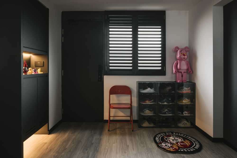 Modern Entryway with Outdoor Chairs and Shoe Rack