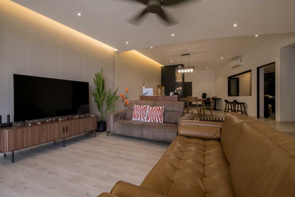 Contemporary Living Room with Vinyl Flooring and Cove Lighting