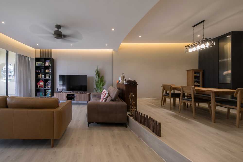 Contemporary Living Room with Vinyl Flooring and Ceiling Light