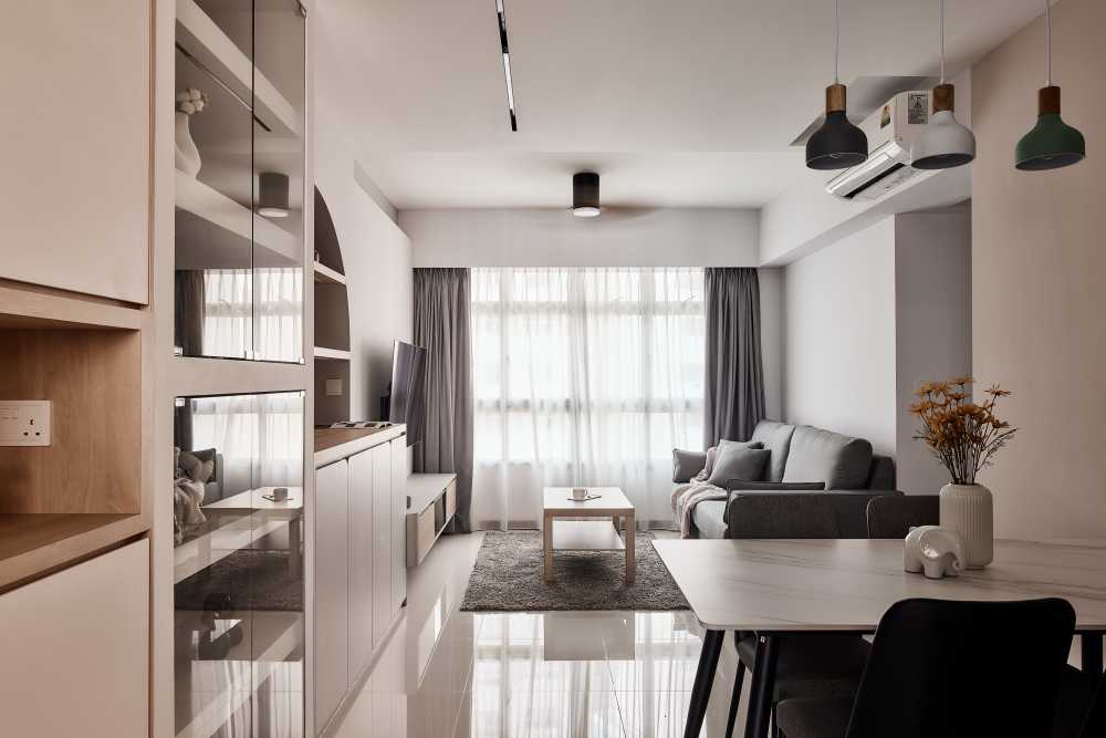 Scandinavian Living Room with TV Console and Feature Wall