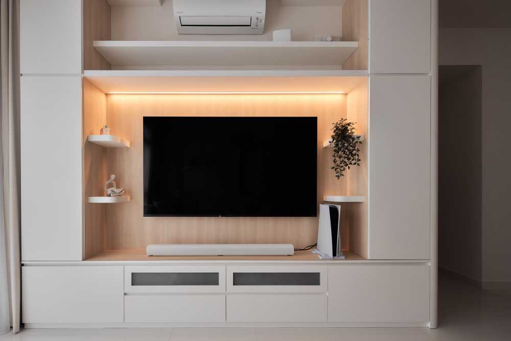 Modern Living Room with TV Console and Drop Light