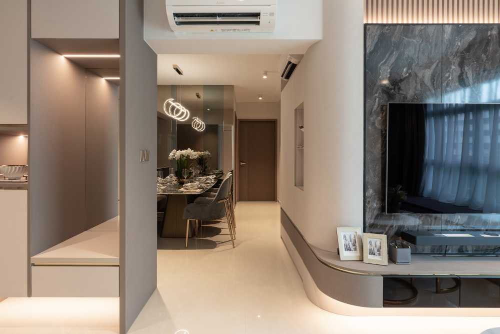 Contemporary Dining Room with Cove Lighting and Drop Ceiling