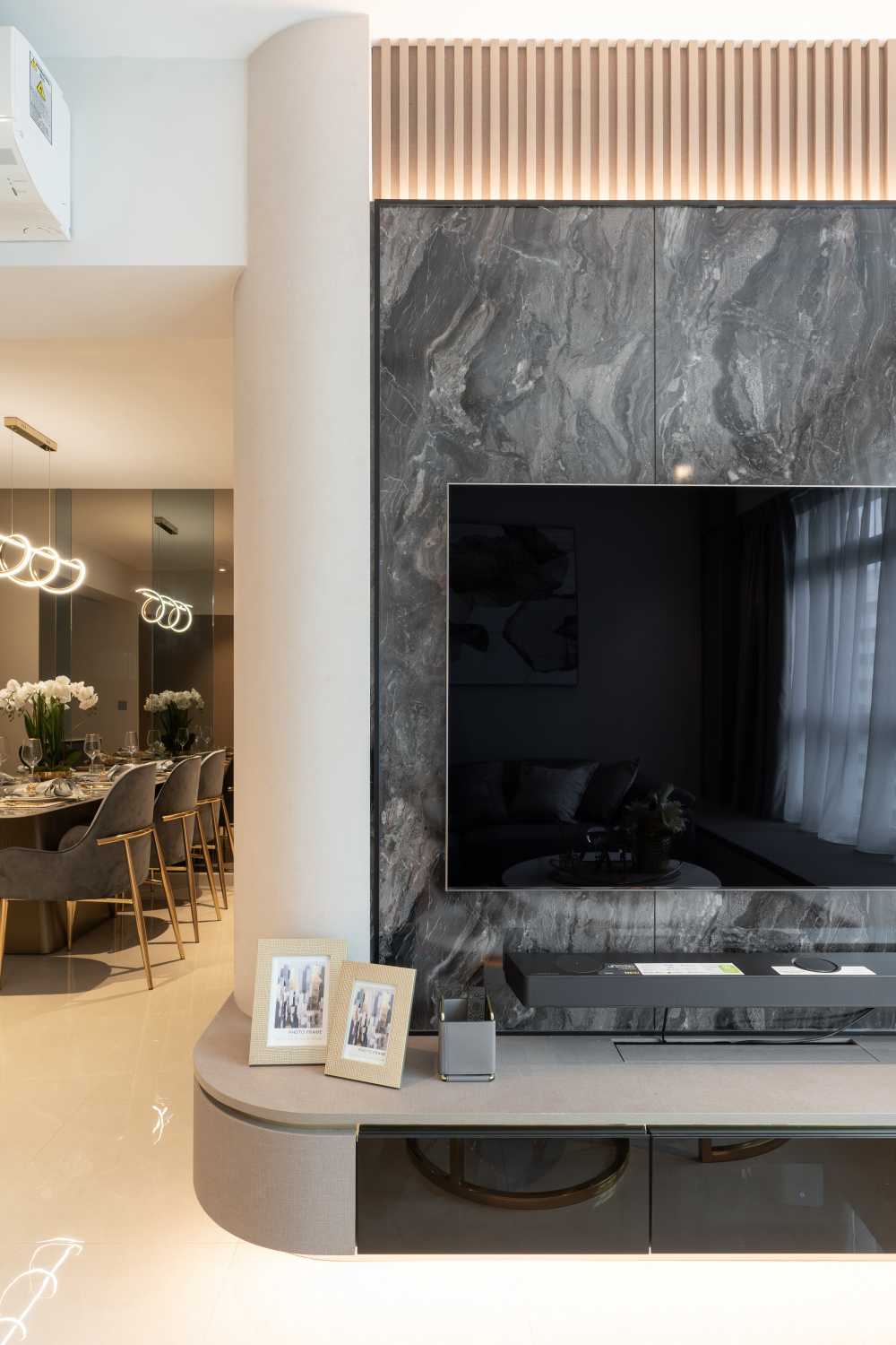 Contemporary Living Room with Granite Floor and Marble Floor