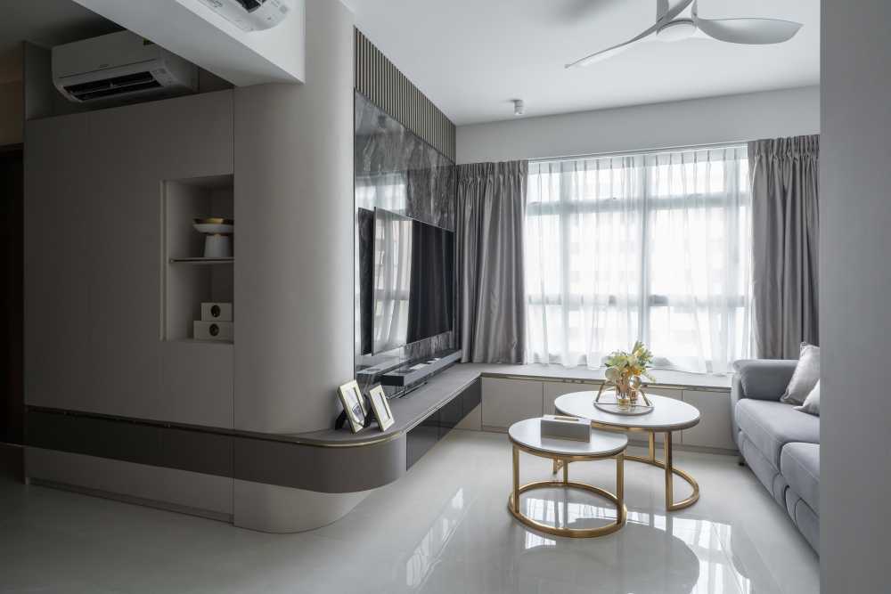 Contemporary Living Room with Bookshelf and Granite Floor