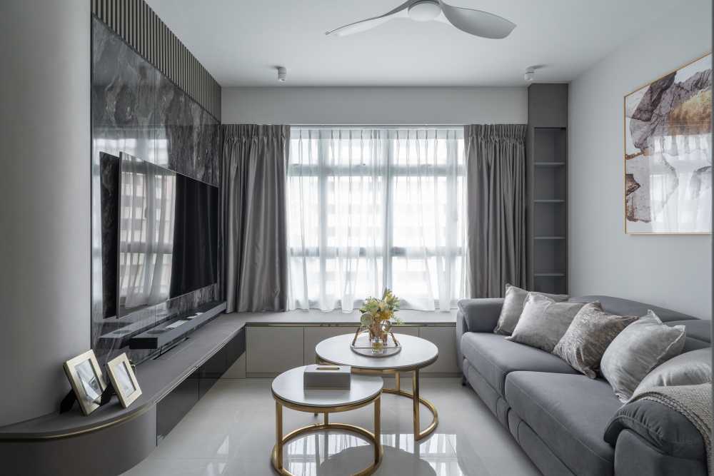 Contemporary Living Room with Homogeneous Tiles and Marble Floor