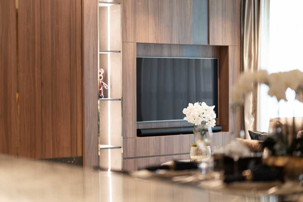 Contemporary Living Room with TV Console and Feature Wall
