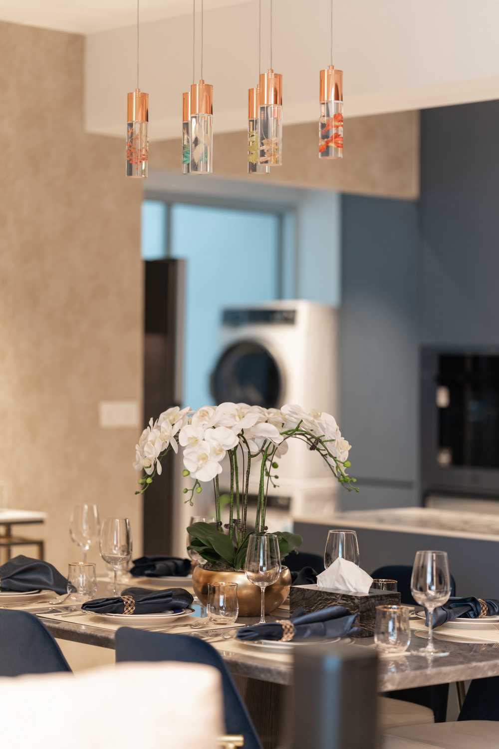 Contemporary Dining Room with Cove Lighting and Drop Ceiling