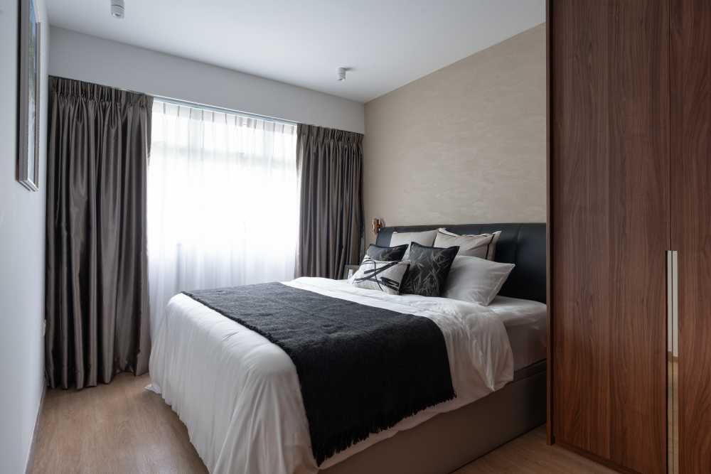 Contemporary Bedroom with Herringbone Tiling and Parquet Floor