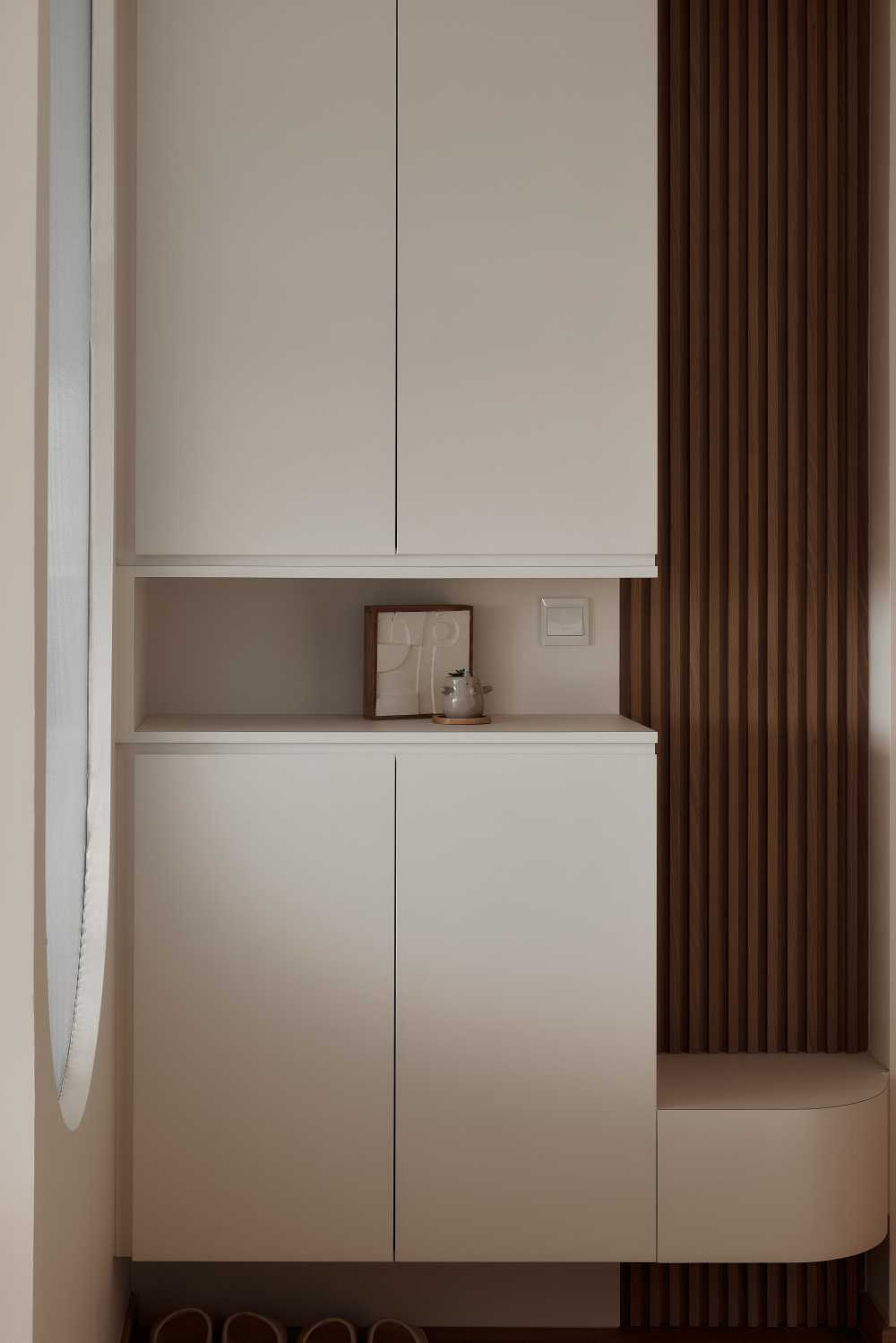 Asian Entryway with Seating Bench and Shoe Rack