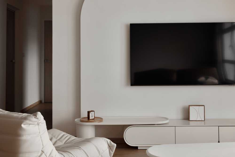 Asian Living Room with Wood Flooring and TV Console