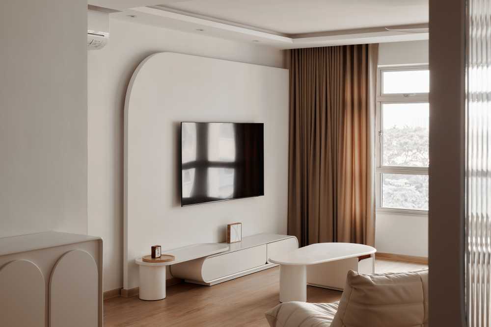 Asian Living Room with TV Console and Ceiling Light