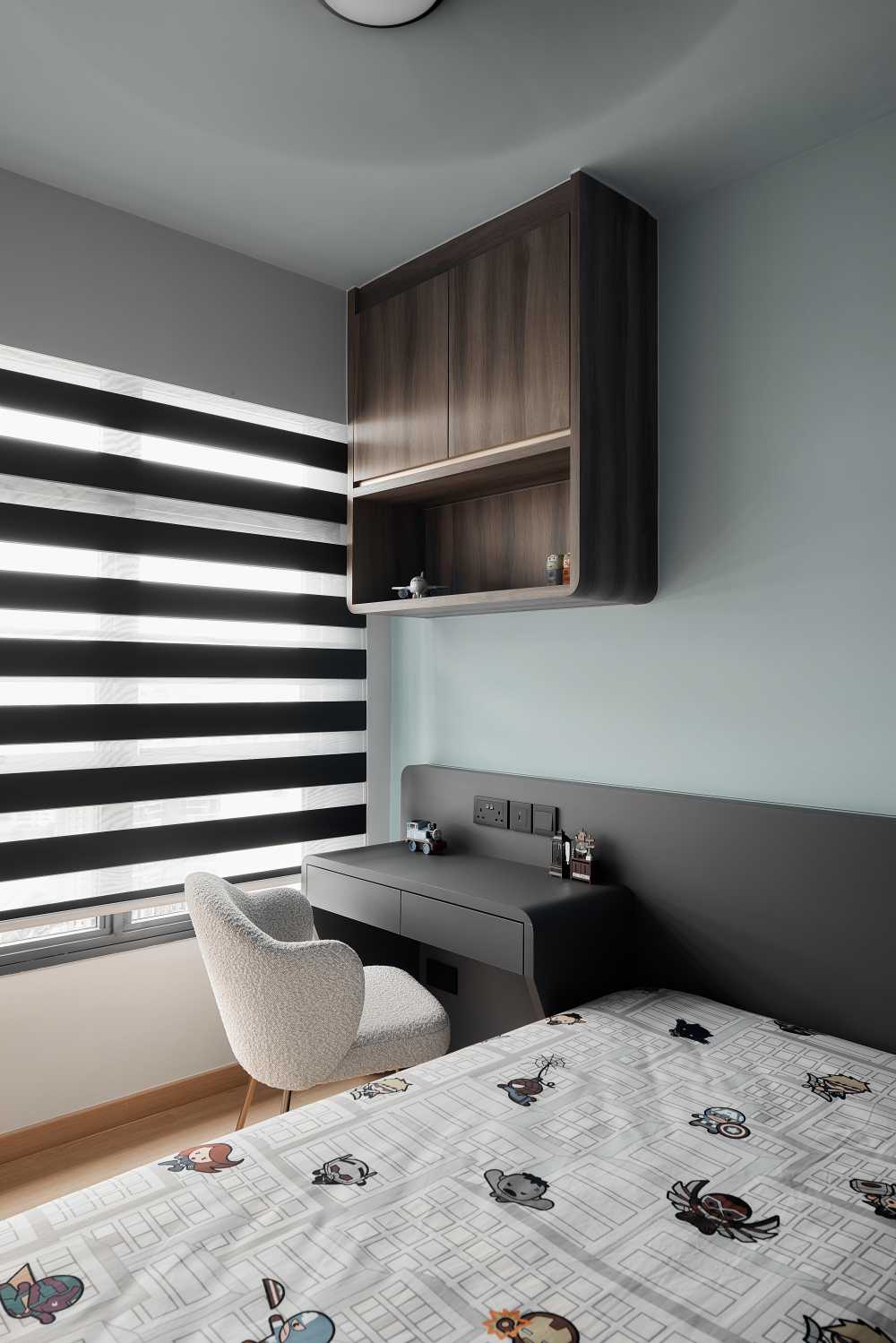 Modern Bedroom with Bookshelf and Bedside Table