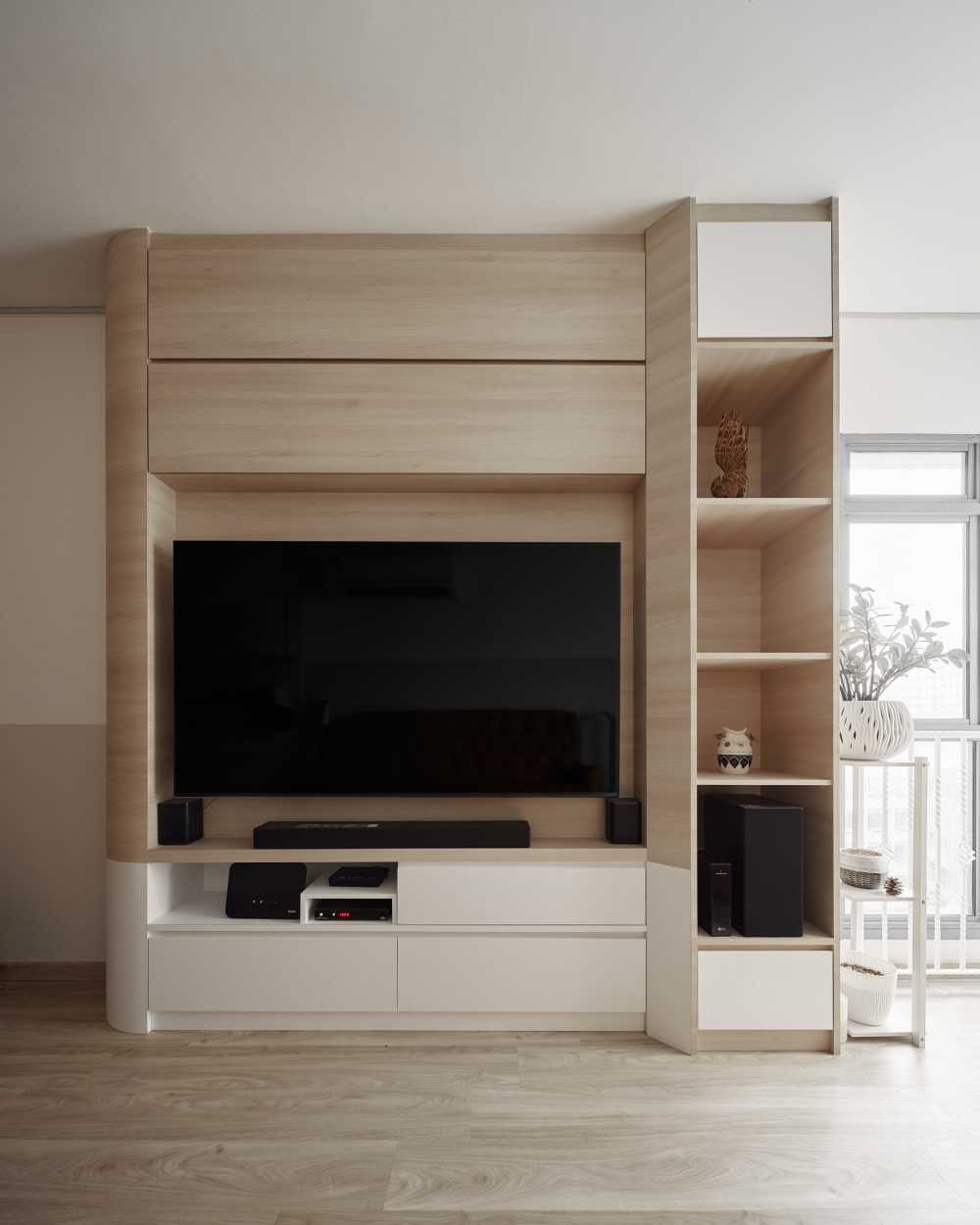 Scandinavian Living Room with Bookshelf and TV Console