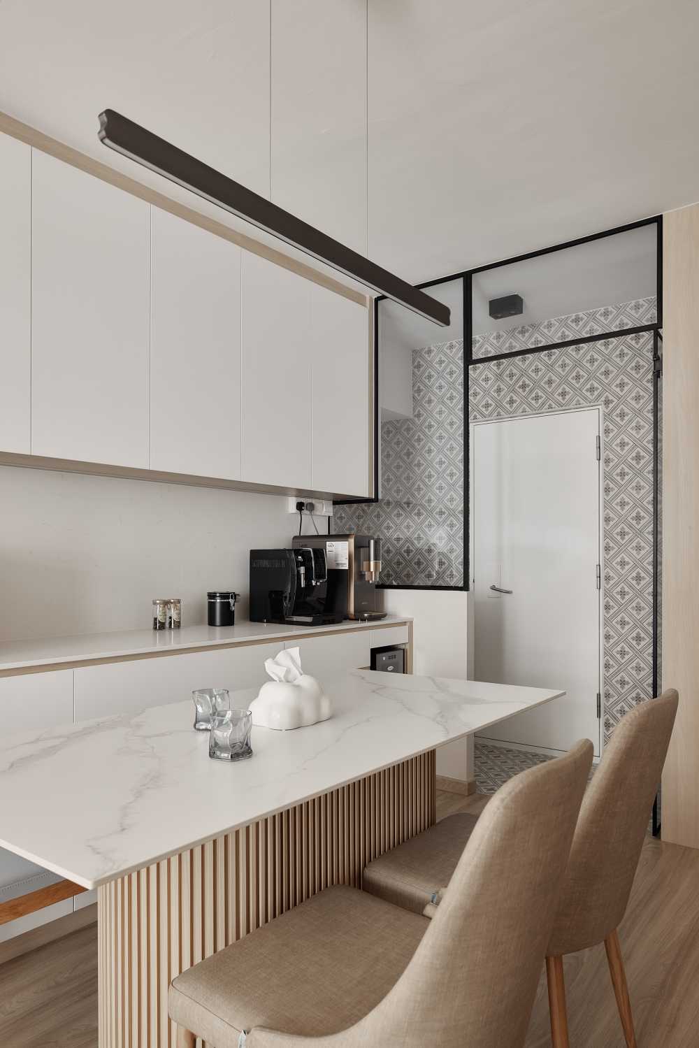 Scandinavian Dining Room with Drop Light and Dining Table