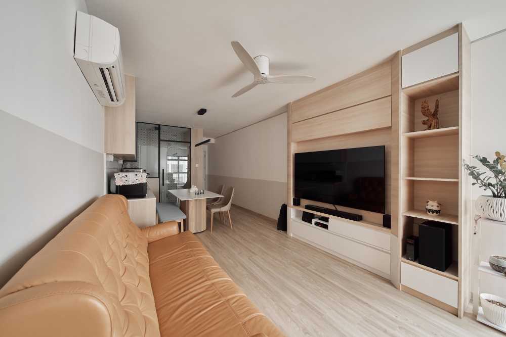 Scandinavian Living Room with Wood Flooring and TV Console