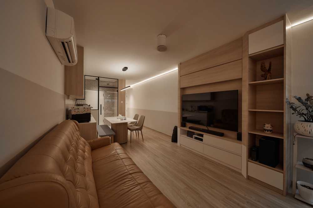 Scandinavian Living Room with TV Console and Ceiling Light