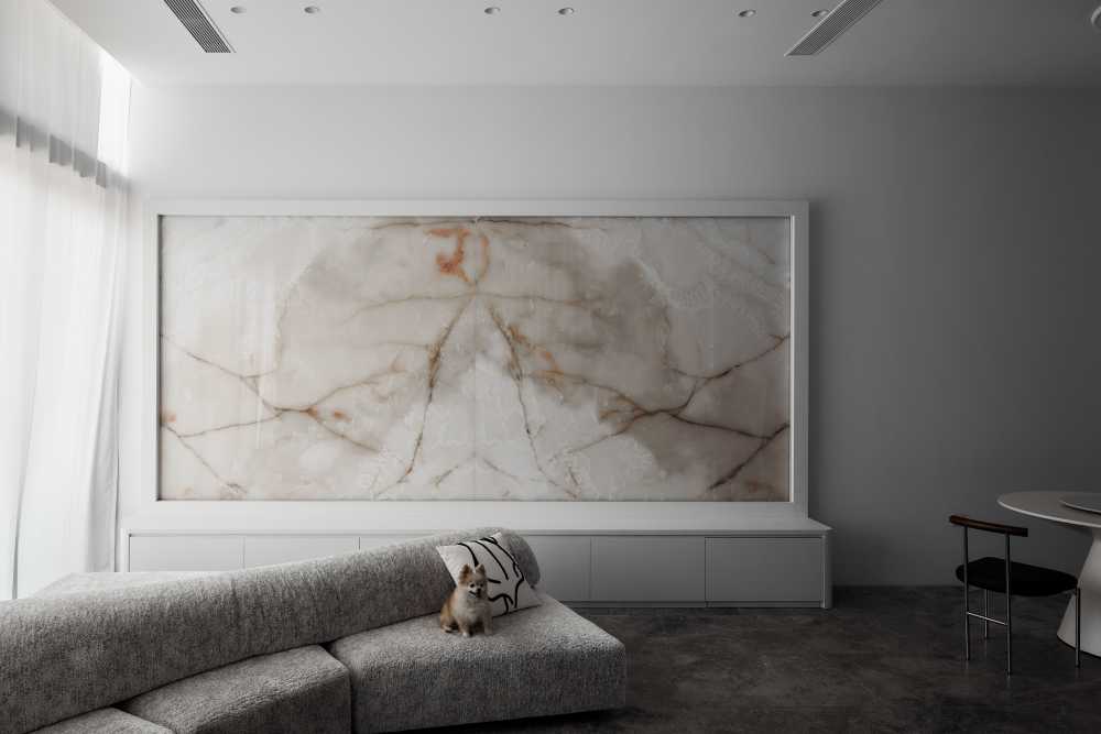 Modern Living Room with Cement Floor and Feature Wall