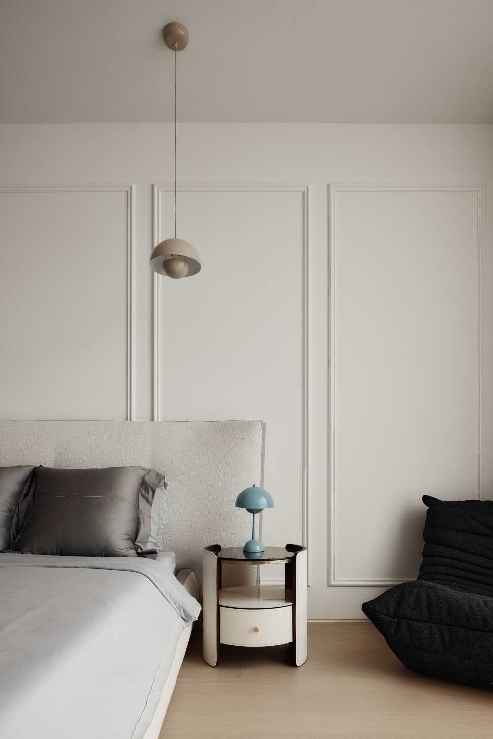 Modern Bedroom with Ceiling Light and Bedside Table