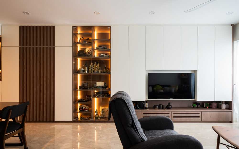 Contemporary Living Room with TV Console and Feature Wall