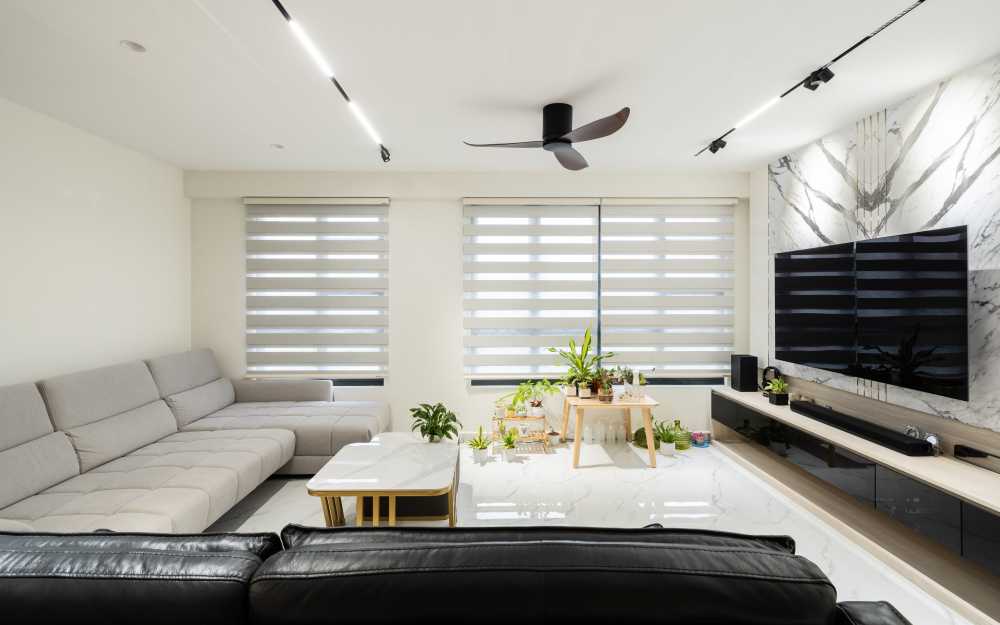 Contemporary Living Room with Marble Floor and Sofa