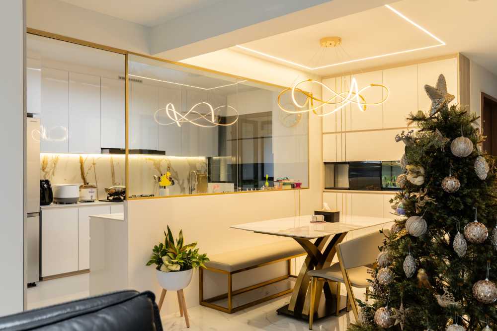 Contemporary Dining Room with Drop Light and Cove Lighting