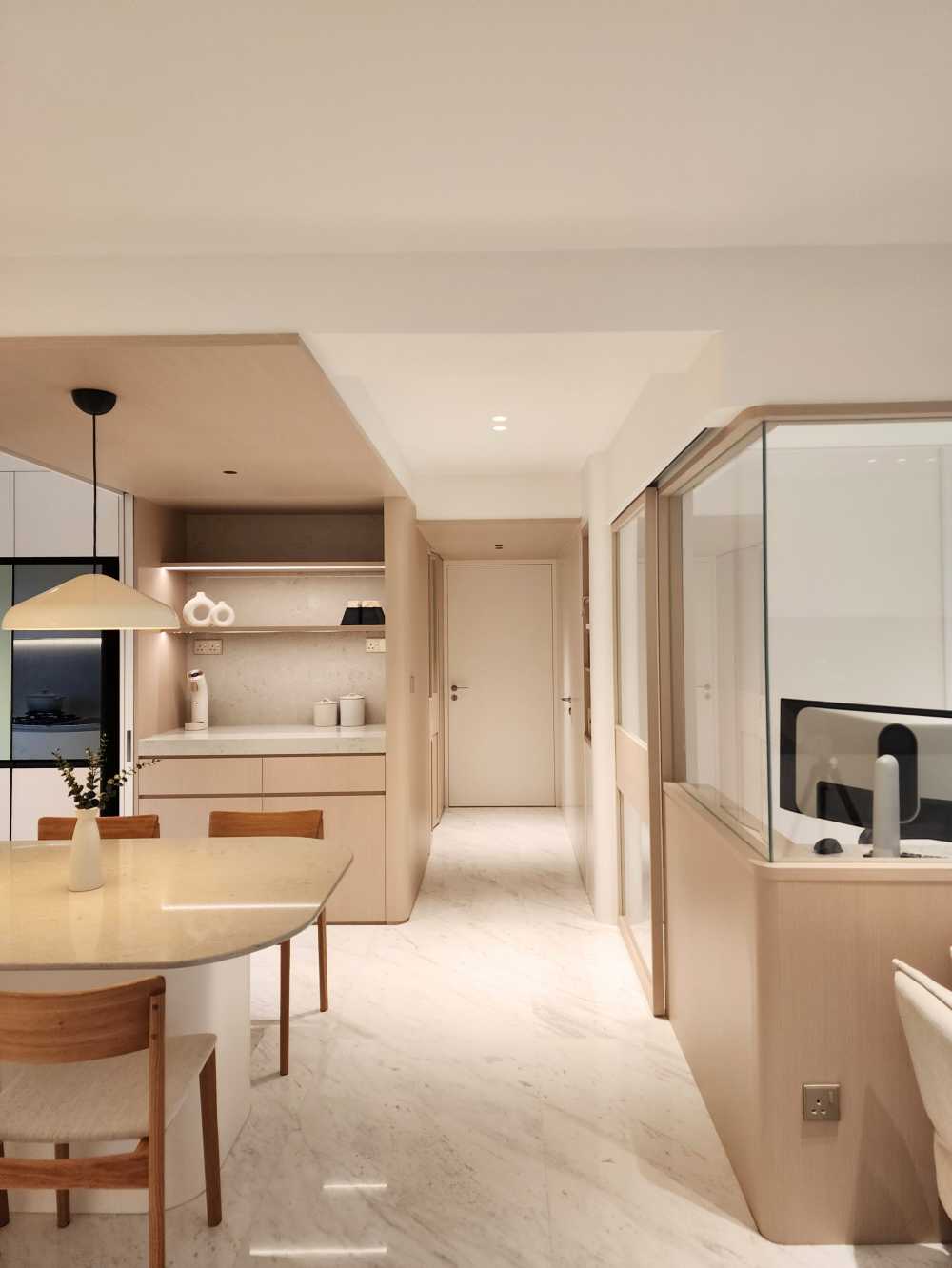 Minimalist Dining Room with Drop Light and Lighting