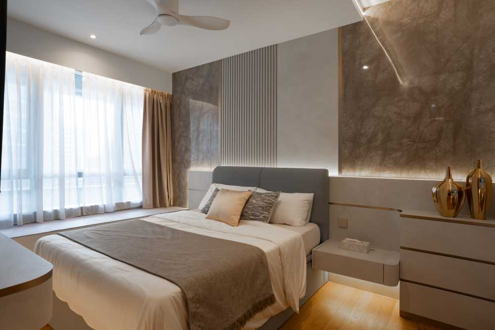 Modern Bedroom with Platform Bed and Vinyl Flooring