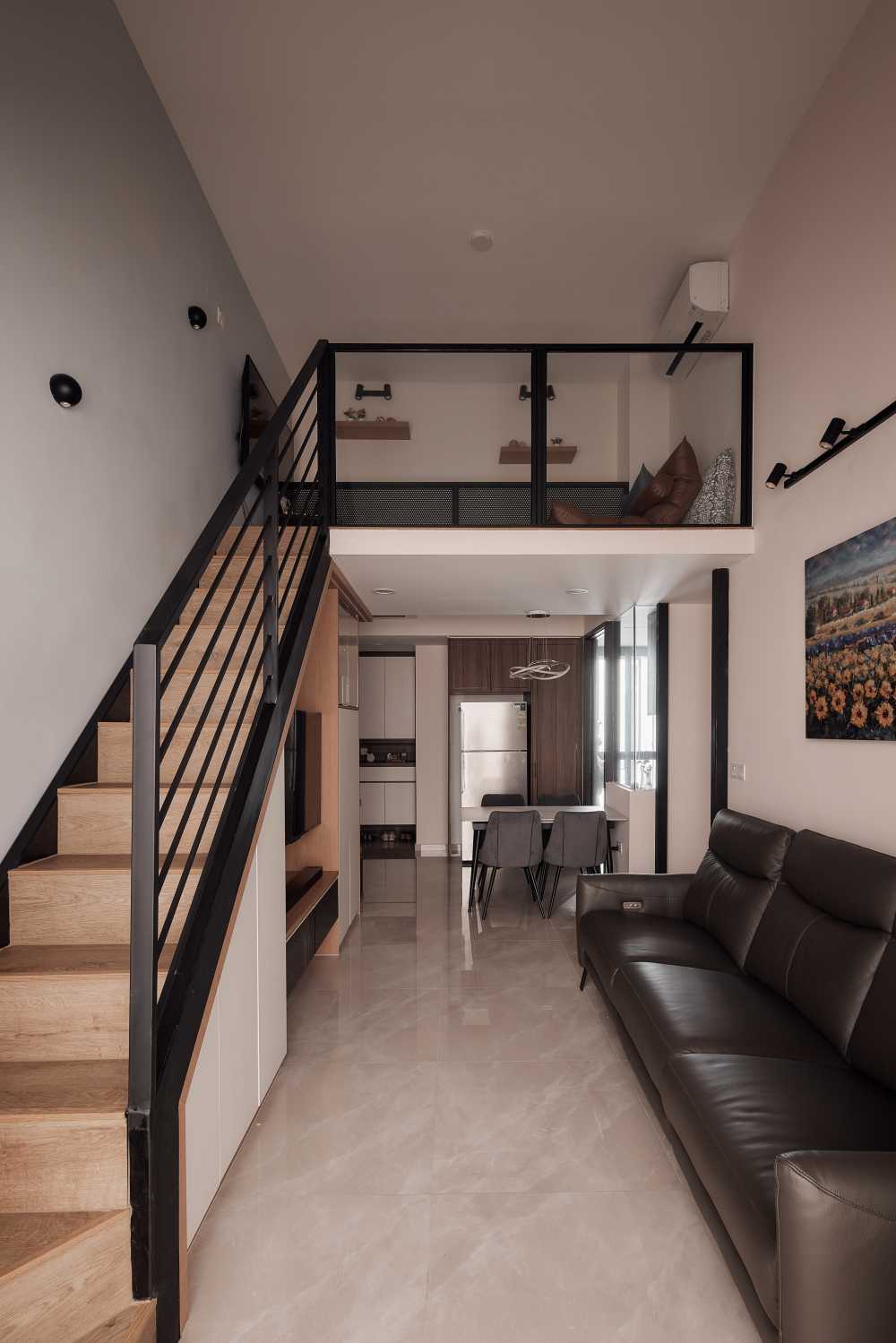 Scandinavian Living Room with Marble Floor and TV Console