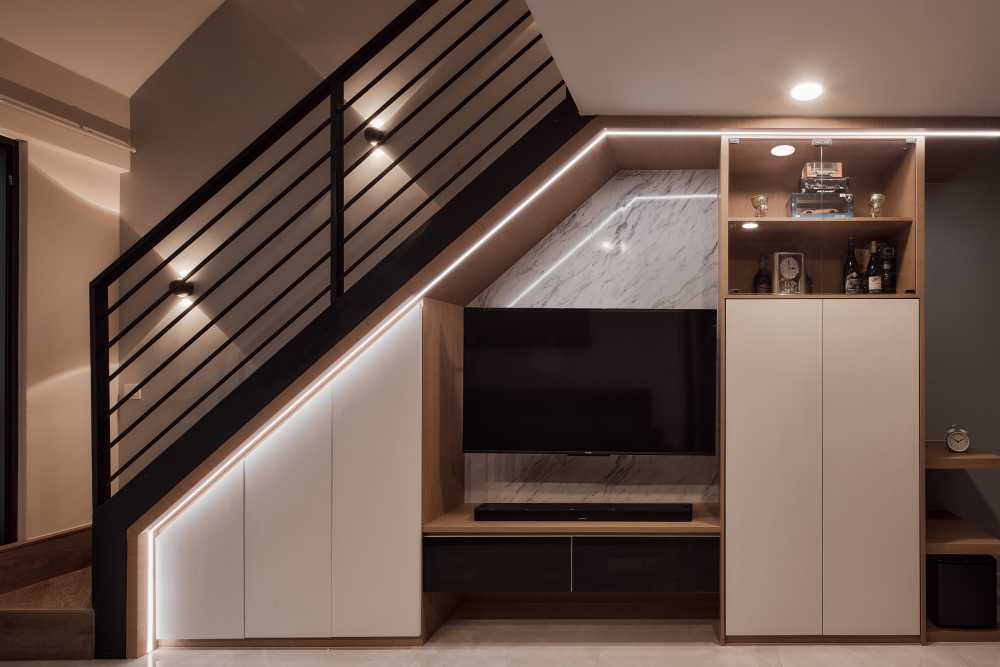 Scandinavian Living Room with TV Console and Feature Wall