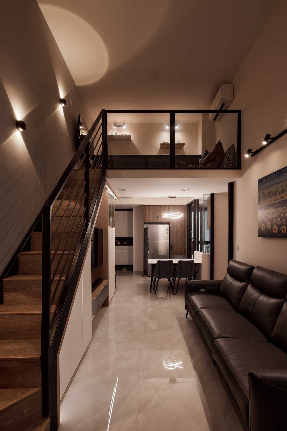 Scandinavian Living Room with Marble Floor and TV Console