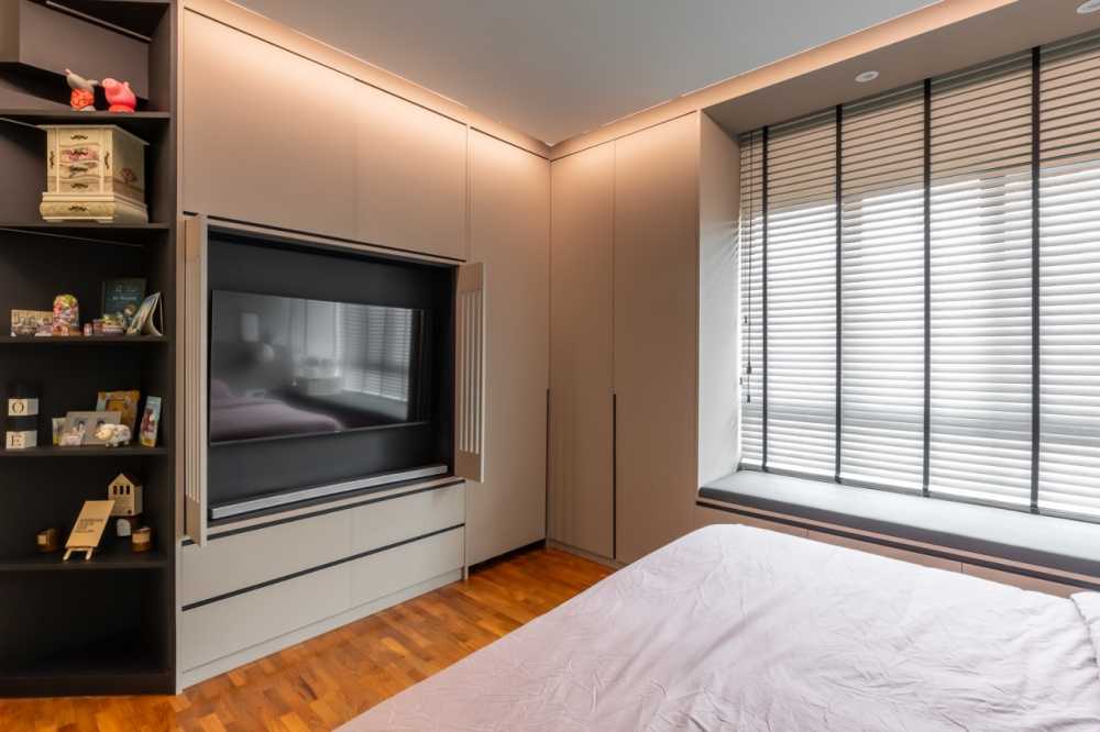 Contemporary Bedroom with Bookshelf and Platform Bed