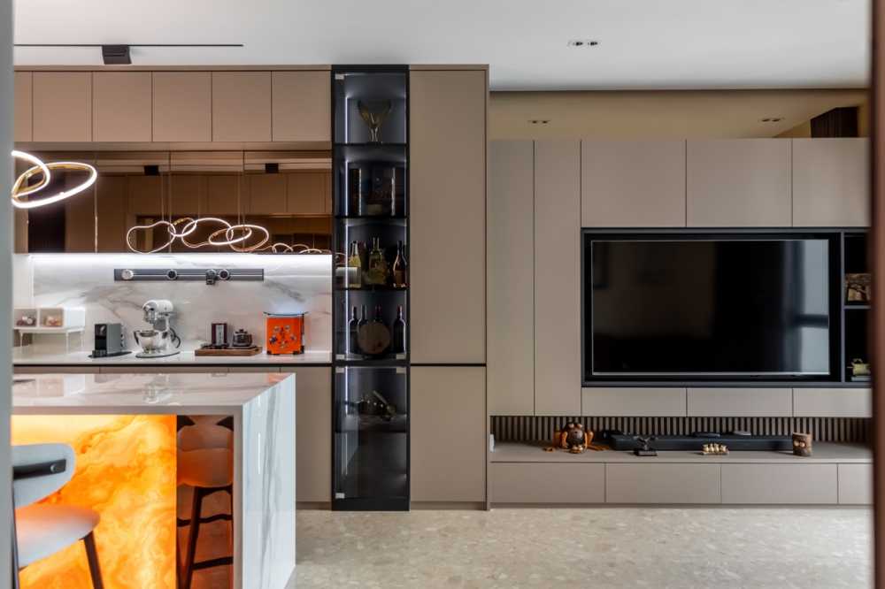 Contemporary Living Room with Bookshelf and Marble Floor