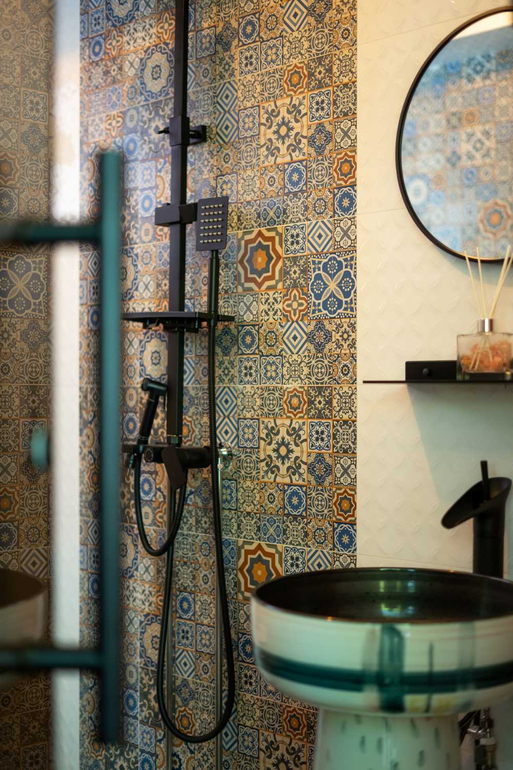 Eclectic Bathroom with Mirror and Shower Screen