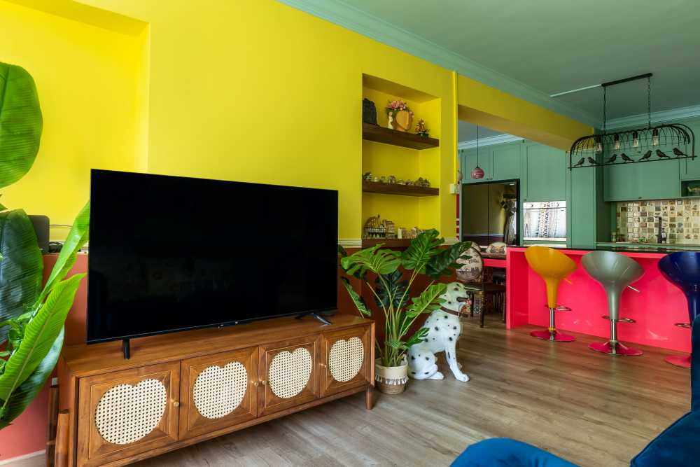 Eclectic Living Room with Wood Flooring and TV Console