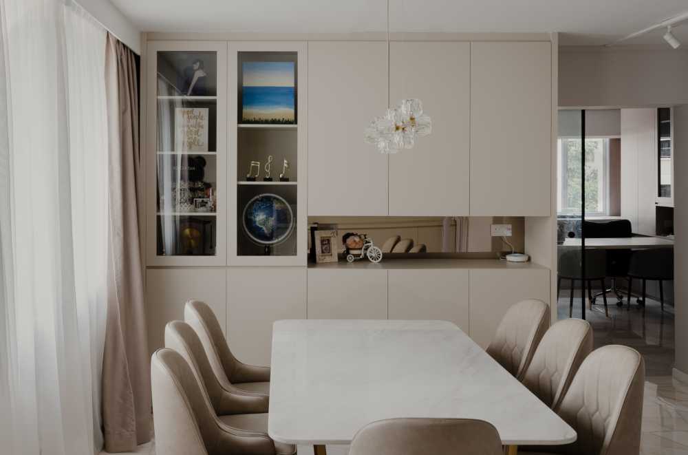 Contemporary Dining Room with Drop Light and Dining Table