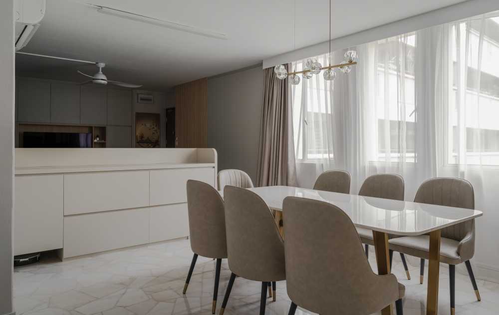 Contemporary Dining Room with Drop Light and Dining Table
