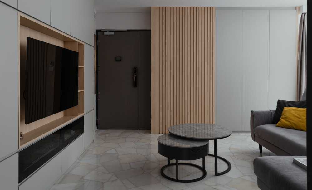 Contemporary Living Room with Marble Floor and Feature Wall