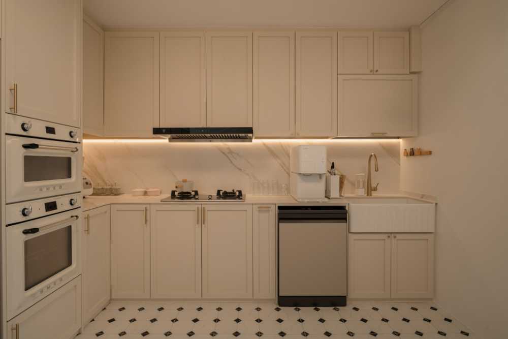 Scandinavian Kitchen with Countertop and Vinyl Flooring