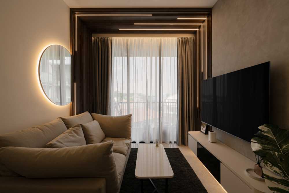 Modern Living Room with Bookshelf and Marble Floor