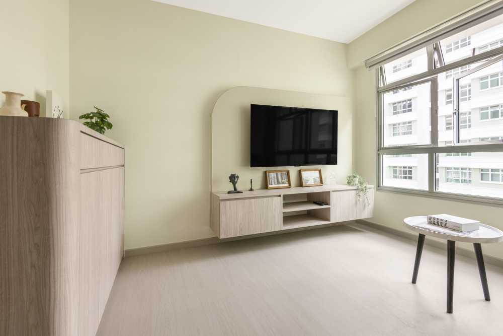 Minimalist Living Room with Wood Flooring and TV Console