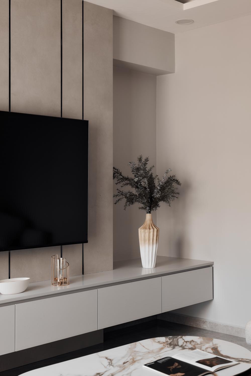 Modern Living Room with Homogeneous Tiles and Feature Wall