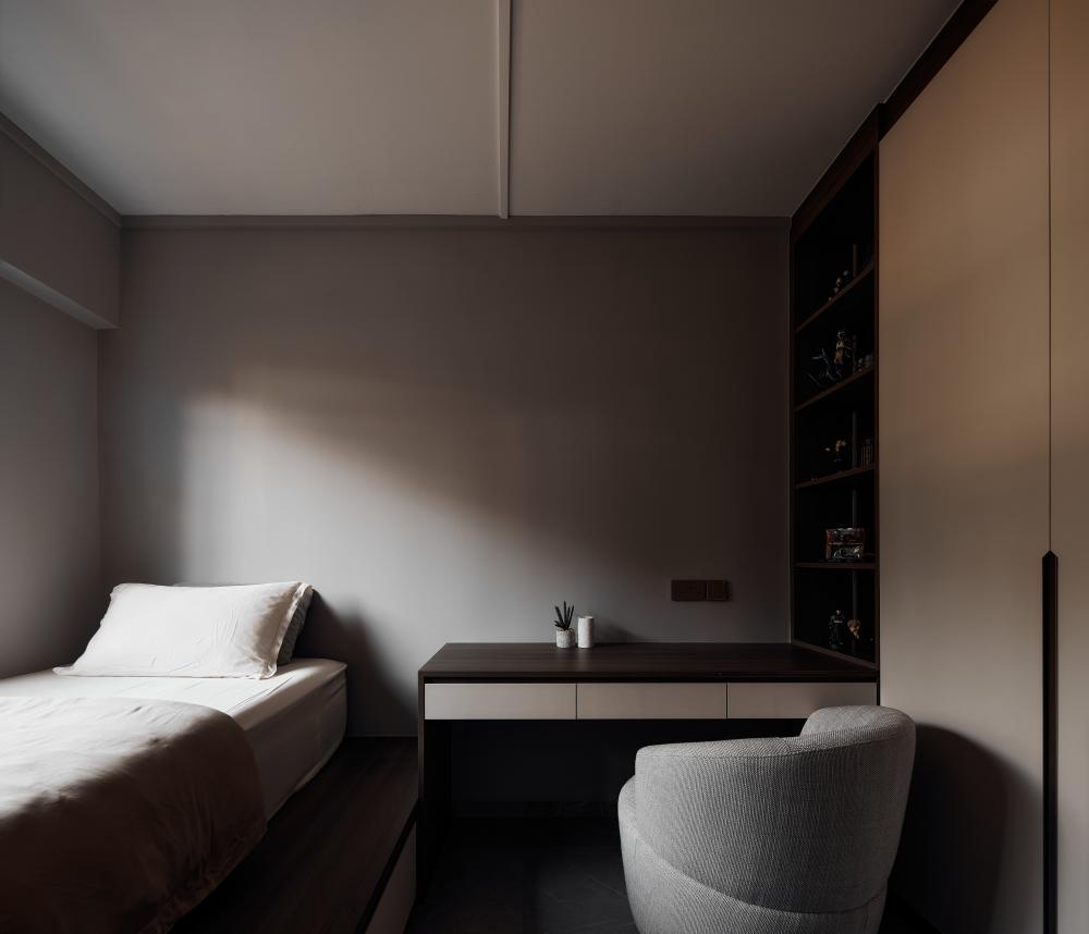 Modern Bedroom with Platform Bed and Homogeneous Tiles