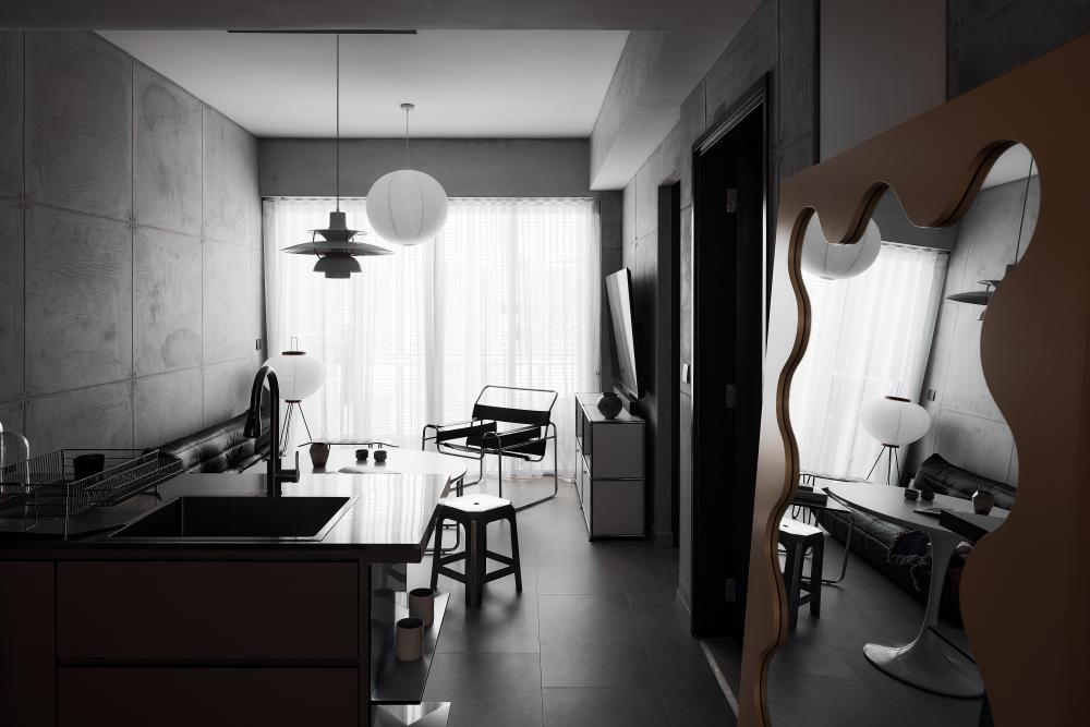 Industrial Living Room with Vinyl Flooring and Cement Floor