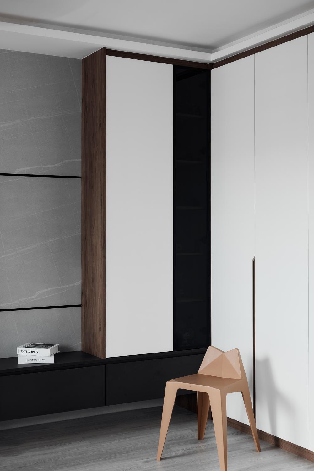 Modern Living Room with Bookshelf and Vinyl Flooring