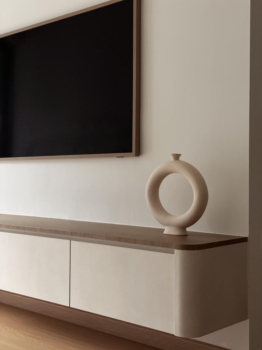 Scandinavian Living Room with Wood Flooring and TV Console