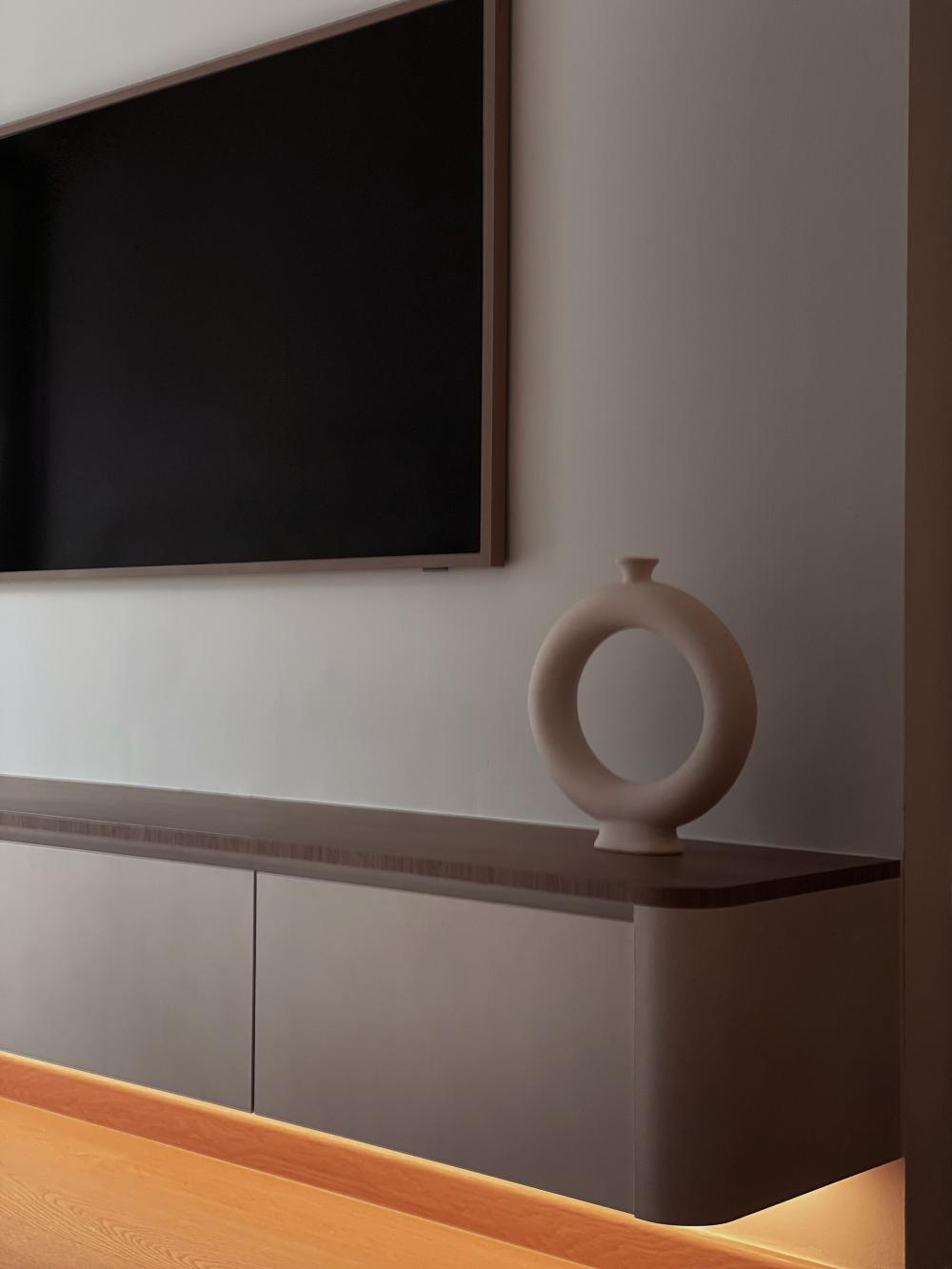 Scandinavian Living Room with Wood Flooring and TV Console