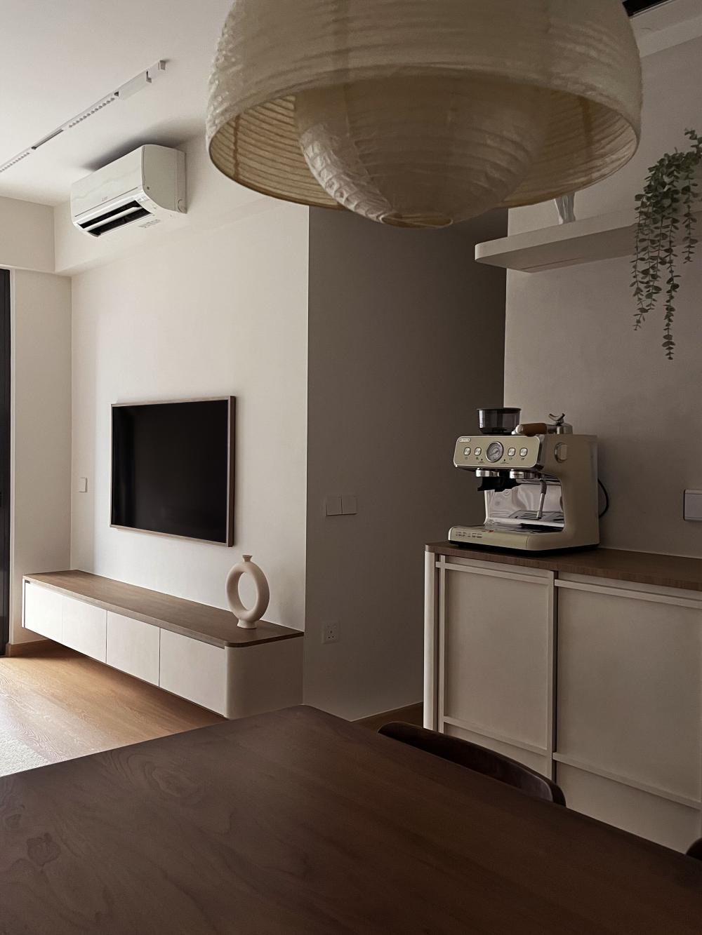 Scandinavian Living Room with Wood Flooring and TV Console